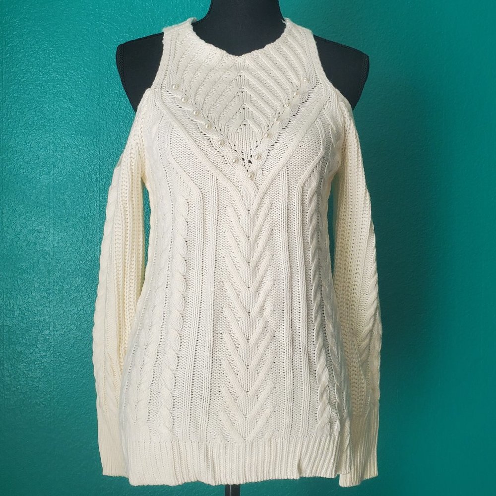 Embossed Peep Shoulder Pearl Embellished White Sweater
